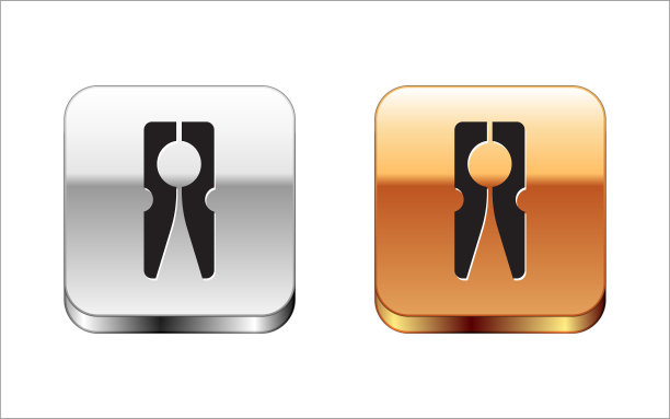 黑色旧木衣服别针图标孤立在白色背景。衣服挂钩。银金色方形纽扣。向量图片下载