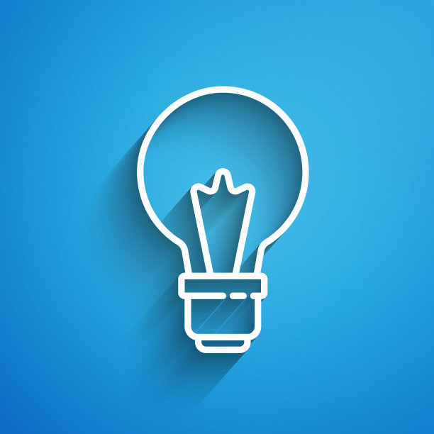 白线灯泡与概念的想法图标孤立在蓝色背景。能量和理念的象征。灵感的概念。长长的阴影。向量图片下载