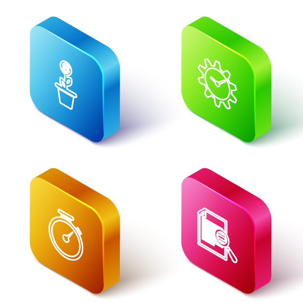 设置等距线美元植物在盆栽，时间管理，秒表和文件与搜索图标。向量图片下载