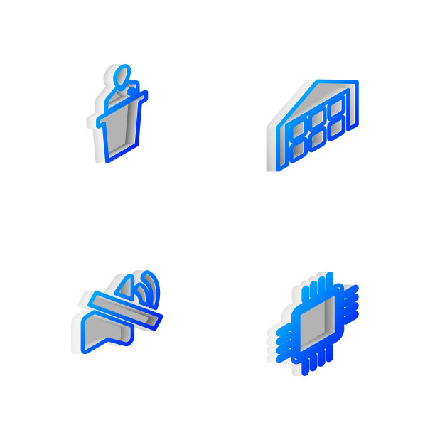 设置等距线仓库，扬声器，静音和处理器与CPU图标。向量图片下载