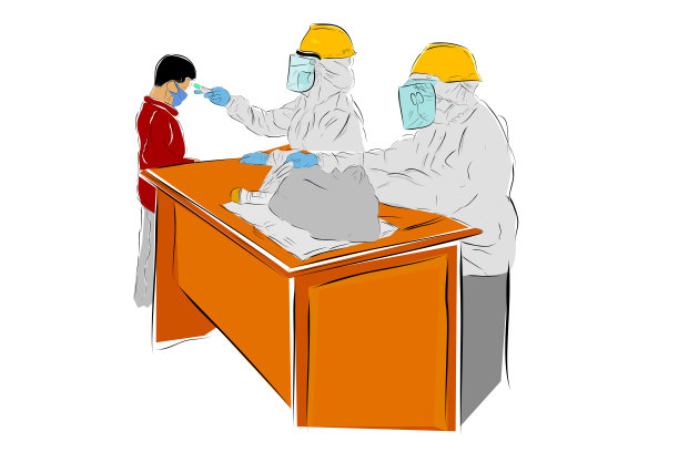 插图矢量手绘草图、站立男孩、使用危险品看护医生或护士检测体温、Covid-19大流行期间的卫生方案图片下载