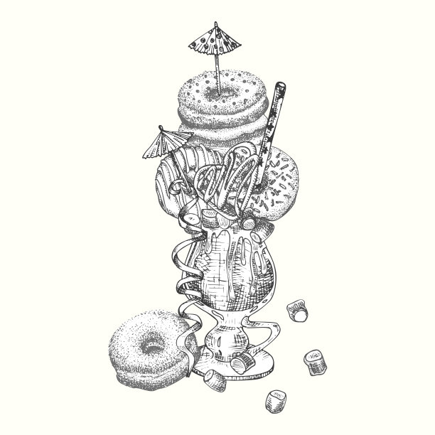 怪兽摇甜品，孤立背景。手绘黑白艺术，素描风格巧克力，甜甜圈，冰淇淋，糖果，饼干，棉花糖设计为餐厅，咖啡馆，酒吧，菜单向量图片下载