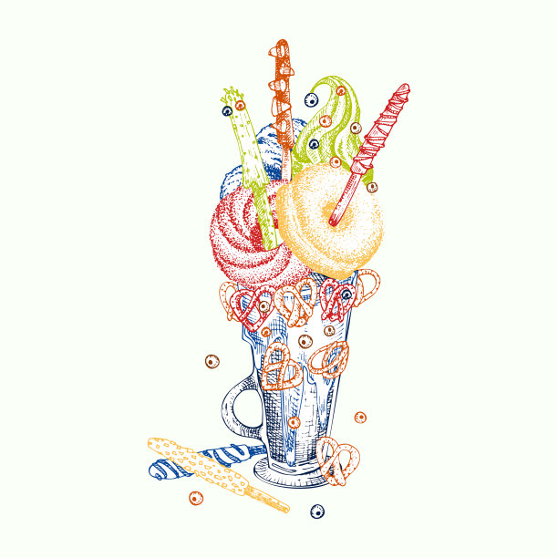 怪兽摇甜品，孤立背景。巧克力，甜甜圈，冰淇淋，糖果，饼干，棉花糖设计为餐厅，咖啡馆，酒吧，菜单矢量图片下载