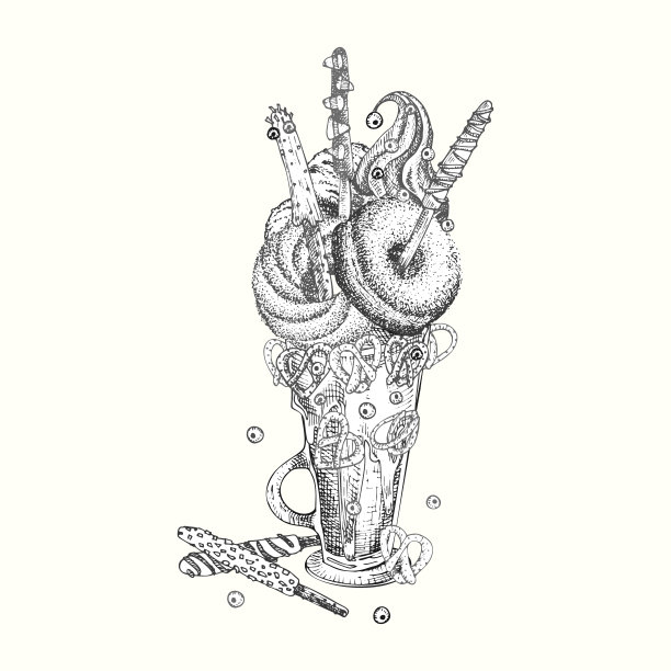 怪兽摇甜品，孤立背景。手绘黑白艺术，素描风格巧克力，甜甜圈，冰淇淋，糖果，饼干，棉花糖设计为餐厅，咖啡馆，酒吧，菜单向量图片下载