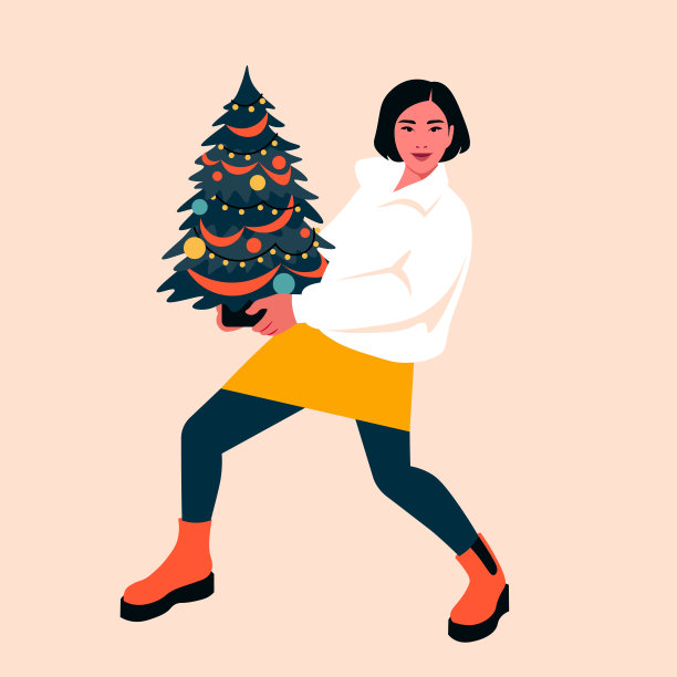 一个快乐的女人手里拿着一棵圣诞树。图片下载