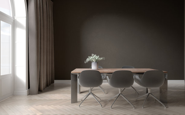 黑色的餐厅内部，木地板，从大窗户采光。三维演示图片下载