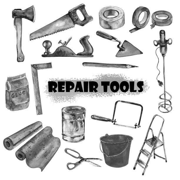 水彩插图，一套工具的家庭和公寓装修。墙纸，木工工具，梯子，泥瓦匠工具。孤立在白色背景上图片下载