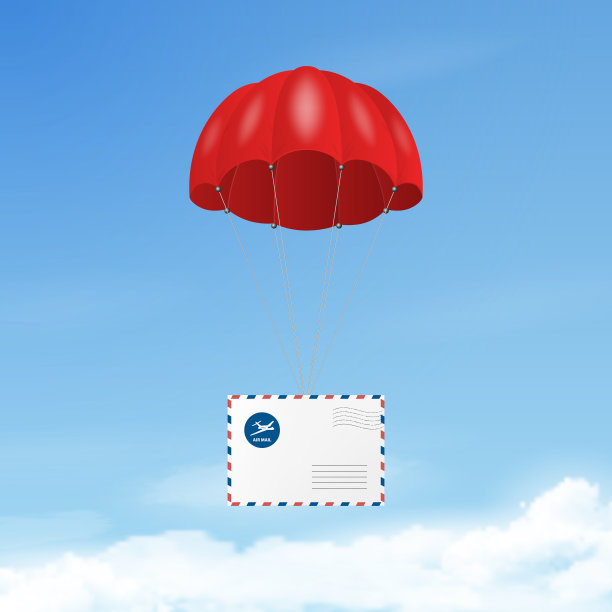 矢量3d现实飞行红色降落伞与纸信封在蓝天背景。交付和邮寄概念。设计模板的电子商务，网页横幅图片下载