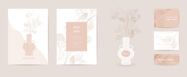 干月牙花波西邀请向量卡。婚礼复古植物保存日期集。设计模板的花在花瓶插图。异国情调的时尚封面，彩色海报，宣传册图片下载