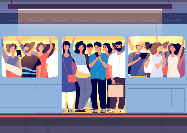 地铁里的人群。上下班高峰期，人们在地铁站里互相推挤。城市旅游交通问题向量概念图片下载