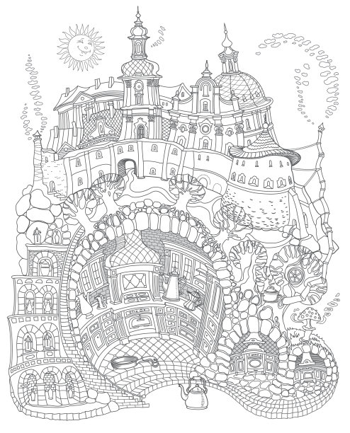 矢量轮廓细线插图。童话中的地下古老的中世纪洞穴厨房里的街边小吃店。黑白素描插图。成人涂色书页，t恤印图片下载