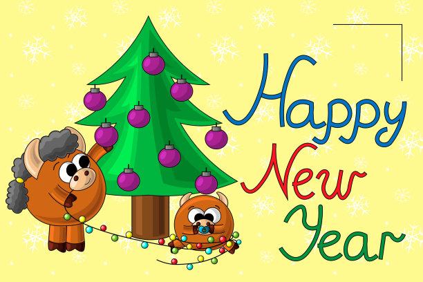 圣诞贺卡可爱的卡通牛宝宝和花环图片下载