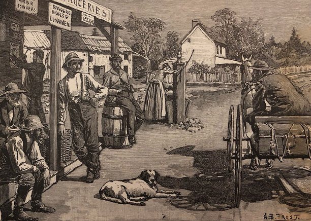 古董插图——一个坐在马车里的男人在杂货店门廊上和男人聊天——一个女人在抽水图片下载