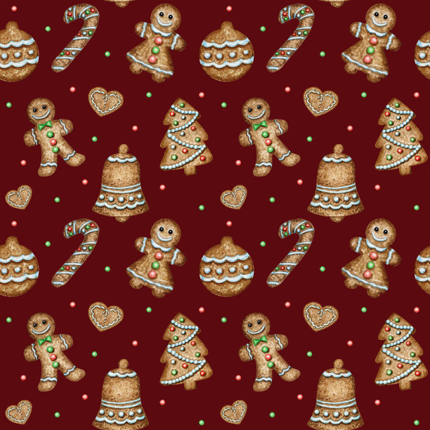 圣诞姜饼饼干无缝图案，心形手套铃铛冬季圣诞甜点背景。水彩插图。圣诞礼物和圣诞树装饰品。包装纸，面料质感设计图片下载