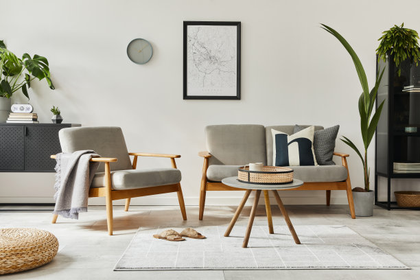 现代复古概念的家庭室内设计沙发，扶手椅，咖啡桌，植物，模拟海报地图，地毯和个人配件。时尚的家居装饰客厅。图片下载