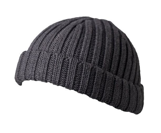 Docker编织的深灰色帽子孤立的白色背景。时尚的说唱歌手的帽子。帽子的渔夫图片下载