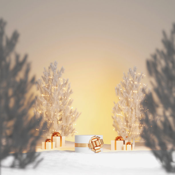 3D讲台展示，圣诞背景美，化妆品产品展示。白雪装点着金色的礼物，圣诞树装点着彩灯。最小的基座展示。抽象，冬季3D渲染图片下载