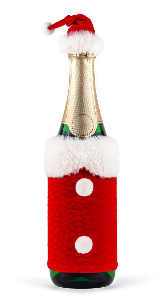 戴着圣诞老人外套和帽子的香槟酒瓶图片下载