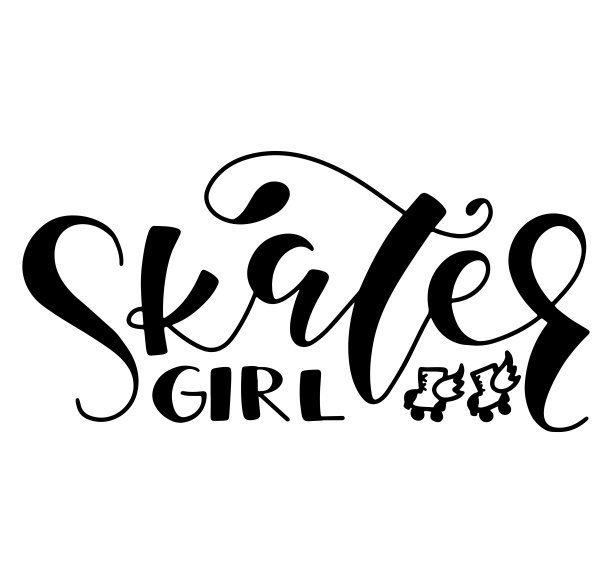 滑板女孩黑色字母和涂鸦轮滑溜冰鞋孤立的白色背景。有趣的黑色文字海报，照片叠加，贺卡，t恤打印和社交媒体。图片下载