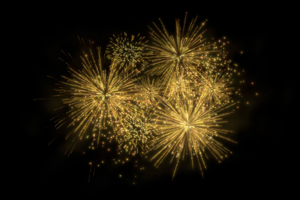 逼真的3D插图彩色的金色豪华烟火烟火夜黑暗的天空烟孤立的黑色背景壁纸使用庆祝新年倒计时节日周年生日派对图片下载