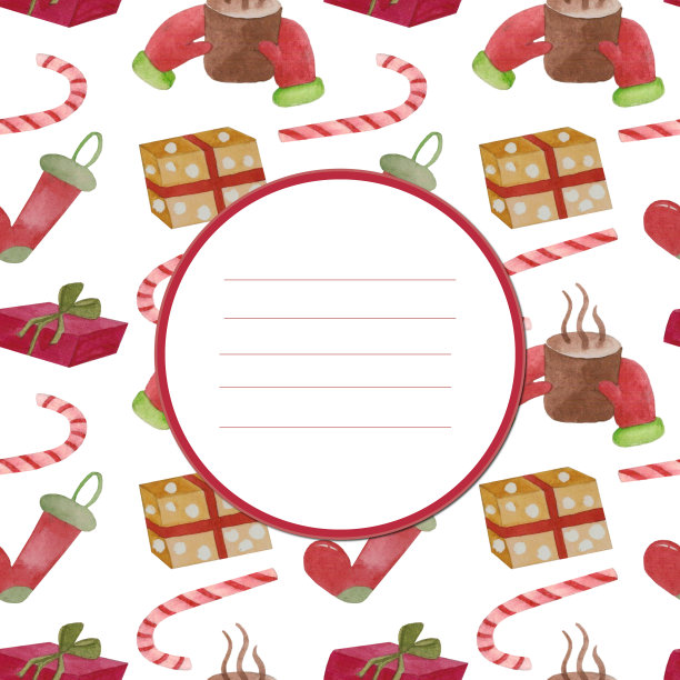 新年圣诞大气的水彩贺卡与框架为文本礼物热茶连指手套袜子焦糖明亮的颜色红色黄色节日的心情图片下载