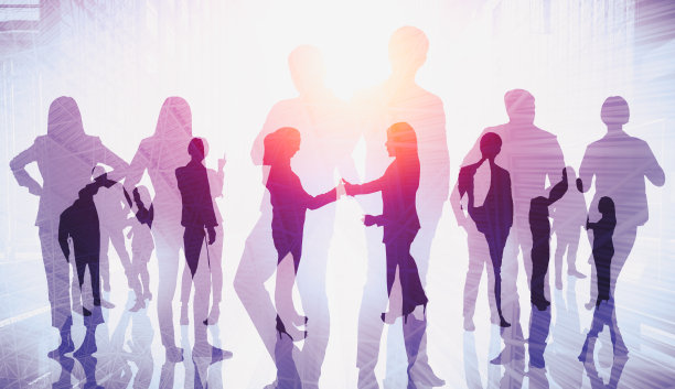 以城市为背景，塑造了众多商业人士聚在一起的抽象形象图片下载