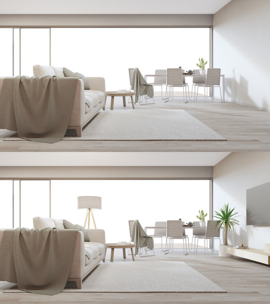 餐桌在明亮的餐厅木地板靠近大客厅和沙发对着电视在现代住宅或豪华别墅。图片下载