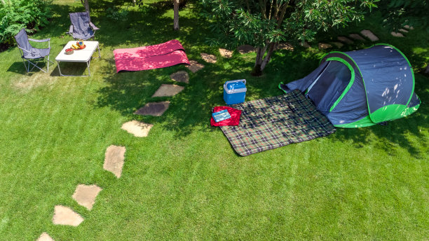 营地鸟瞰图从上面看，帐篷和露营设备树下，家庭度假露营户外概念图片下载