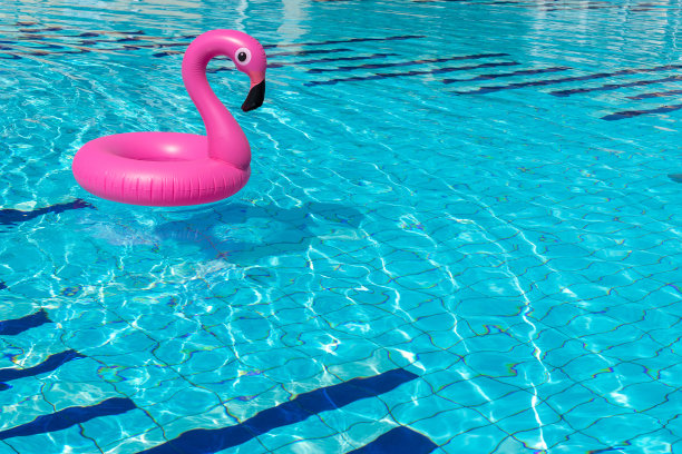 夏天概念背景。粉红色的充气火烈鸟在游泳池的水为夏天的海滩背景。池浮动。图片下载
