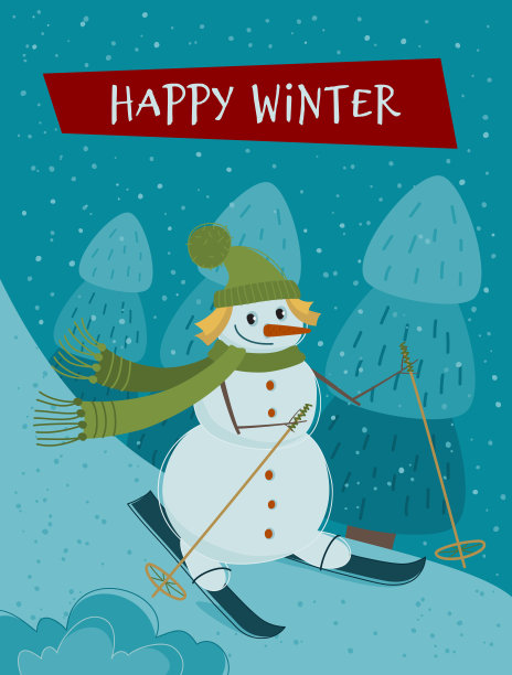 有趣的雪人在滑雪。图片下载