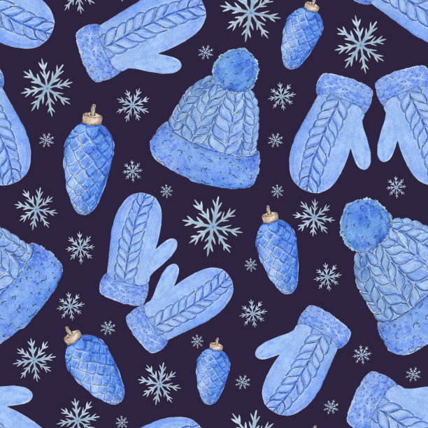 水彩无缝模式与手套，帽子，锥形和雪花。蓝色针织冬装。圣诞节的模式图片下载
