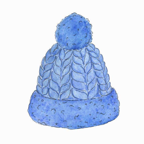 水彩插图的蓝色帽子与一个绒球。图片下载