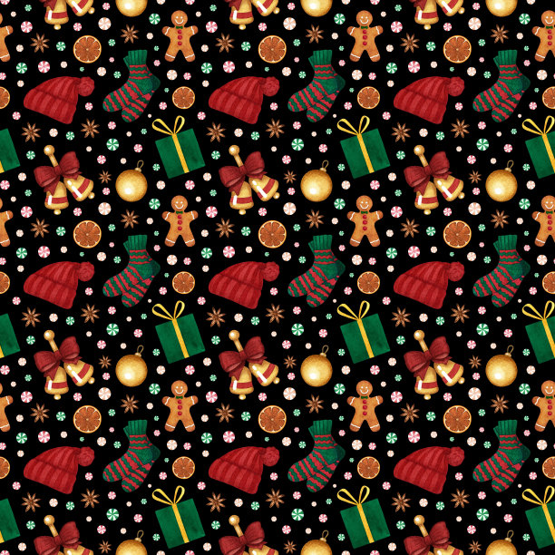 无缝图案水彩金色圣诞钟声，姜饼人，针织衣服，香料，装饰品。手绘假日背景设计打印图片下载