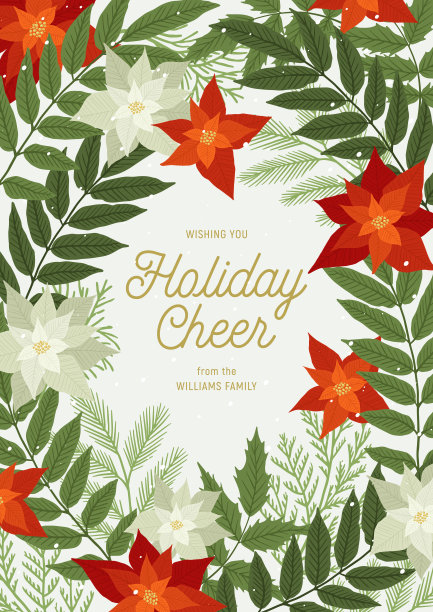 圣诞明信片上有一品红、松树和冷杉的树枝、植物、树叶、雪。圣诞快乐，新年邀请。矢量图图片下载