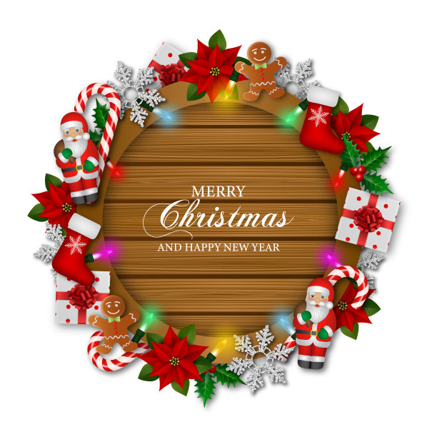 快乐的圣诞背景与装饰和灯在木板上图片下载