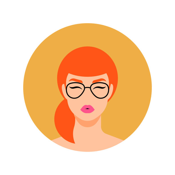 美丽的女人的脸。红头发，戴眼镜，皮肤白皙。圆形头像与女性的头。女性气质、美丽、女性权利、个人关怀。适合社交媒体，手机应用，设计。图片下载