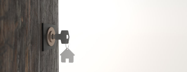 房子模型和钥匙在房子的门。房地产中介提供房屋、财产保险和安全、经济适用房的概念。拷贝空间上的白色背景。三维渲染图片下载