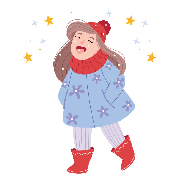 有趣的女孩用舌头接住了雪。户外玩耍。有趣的卡通人物。矢量插图。图片下载