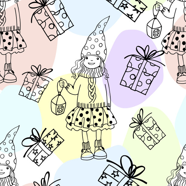 圣诞无缝模式与节日礼物和漂亮的女孩图片下载