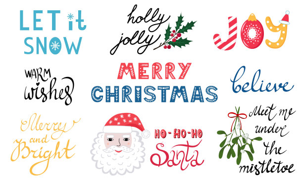 一套圣诞手写信件。问候,节日的短语。让雪花飘飘，温馨的祝愿，欢乐的喜悦，欢快的灿烂。圣诞老人,槲寄生,冬青。孤立矢量插图的卡片，邀请，旗帜。图片下载