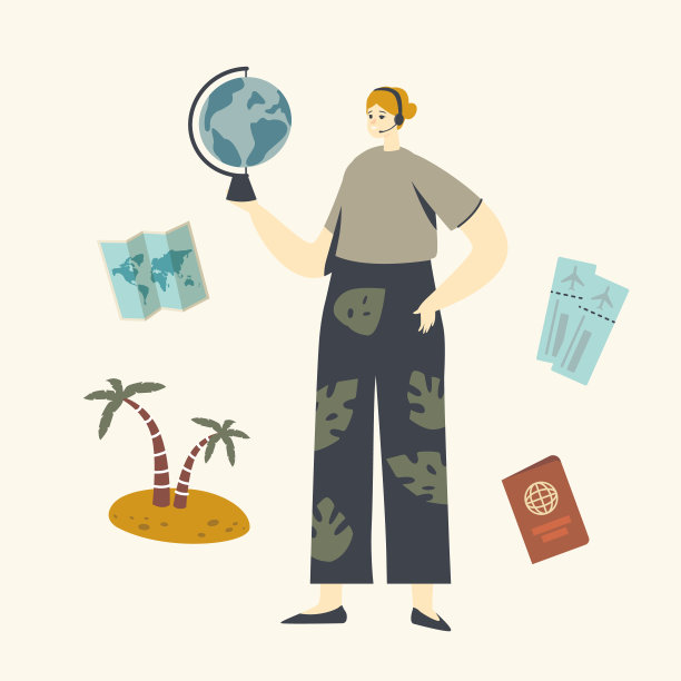 旅游运营商角色，旅行社代理戴着耳机手持地球仪为客户寻找热点图片下载
