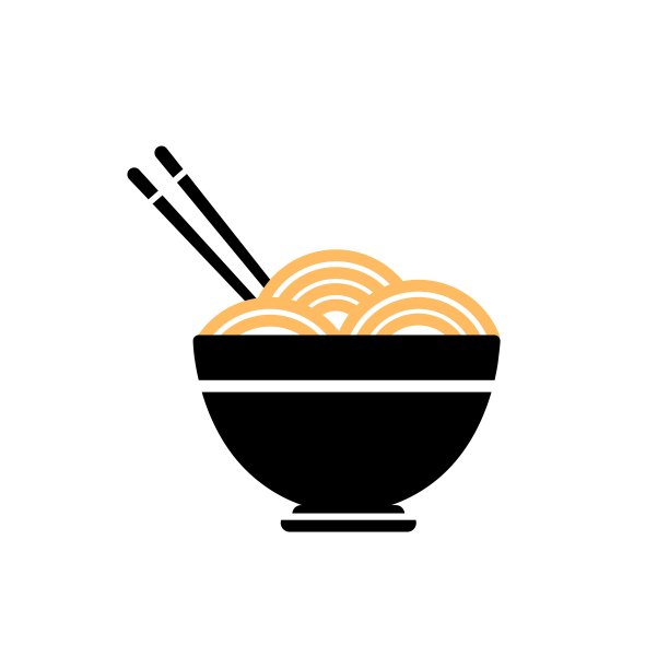 黑色剪影图标与拉面，碗和一双筷子。矢量插图在白色背景上的平面风格图片下载