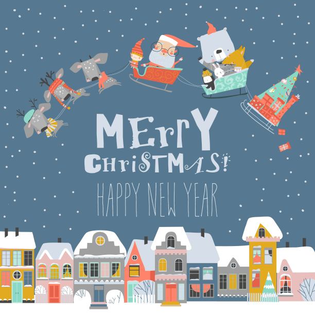 圣诞老人和动物们的卡通雪橇在下雪的小镇上空飞翔图片下载