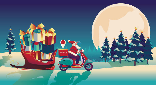 圣诞和快乐的新年人物，如圣诞老人，快递应用程序，滑板车，雪人拿着礼物与圣诞问候树在蓝色的背景。松树满月，矢量插图图片下载