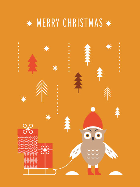 可爱的猫头鹰戴着红帽子，带着雪橇和礼物。圣诞卡，海报，传单。可打印名片图片下载