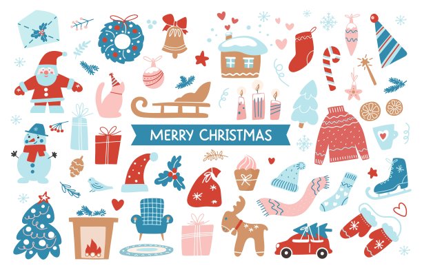 一套圣诞快乐手绘对象孤立在白色背景。矢量平面插图图片下载