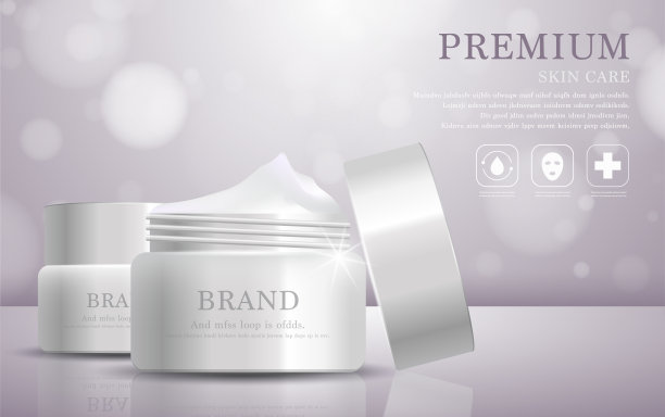 每年或节日特卖补水面霜。银色和白色面膜瓶上隔离了亮片颗粒背景。优雅的化妆品广告，插图EPS10。图片下载
