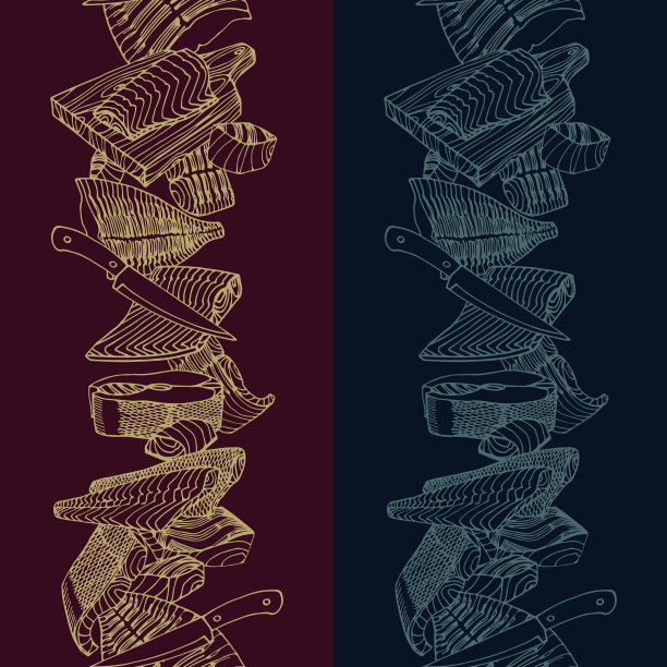 垂直无缝模式。鳕鱼片，鲑鱼片，比目鱼片。美味的海鲜。餐厅菜单装饰。图片下载