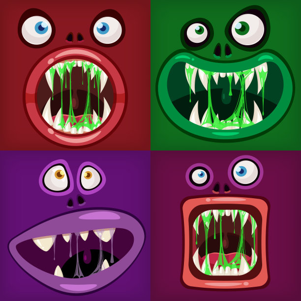 怪物的嘴令人毛骨悚然。滑稽的下巴，牙齿，舌头，生物表达，怪物，恐怖，流口水，粘液。矢量孤立插图卡通风格图片下载