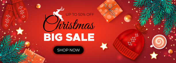 圣诞节和新年打折销售传单大减价特别优惠横旗上有圣诞树枝，礼品盒，咖啡，红帽子和手套。图片下载